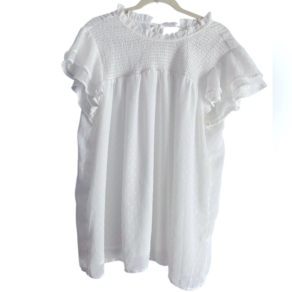 NWT Gorgeous Forgotten Grace Blouse. Swiss Dot, Smocked, Double Ruffle. Sz. 1X
